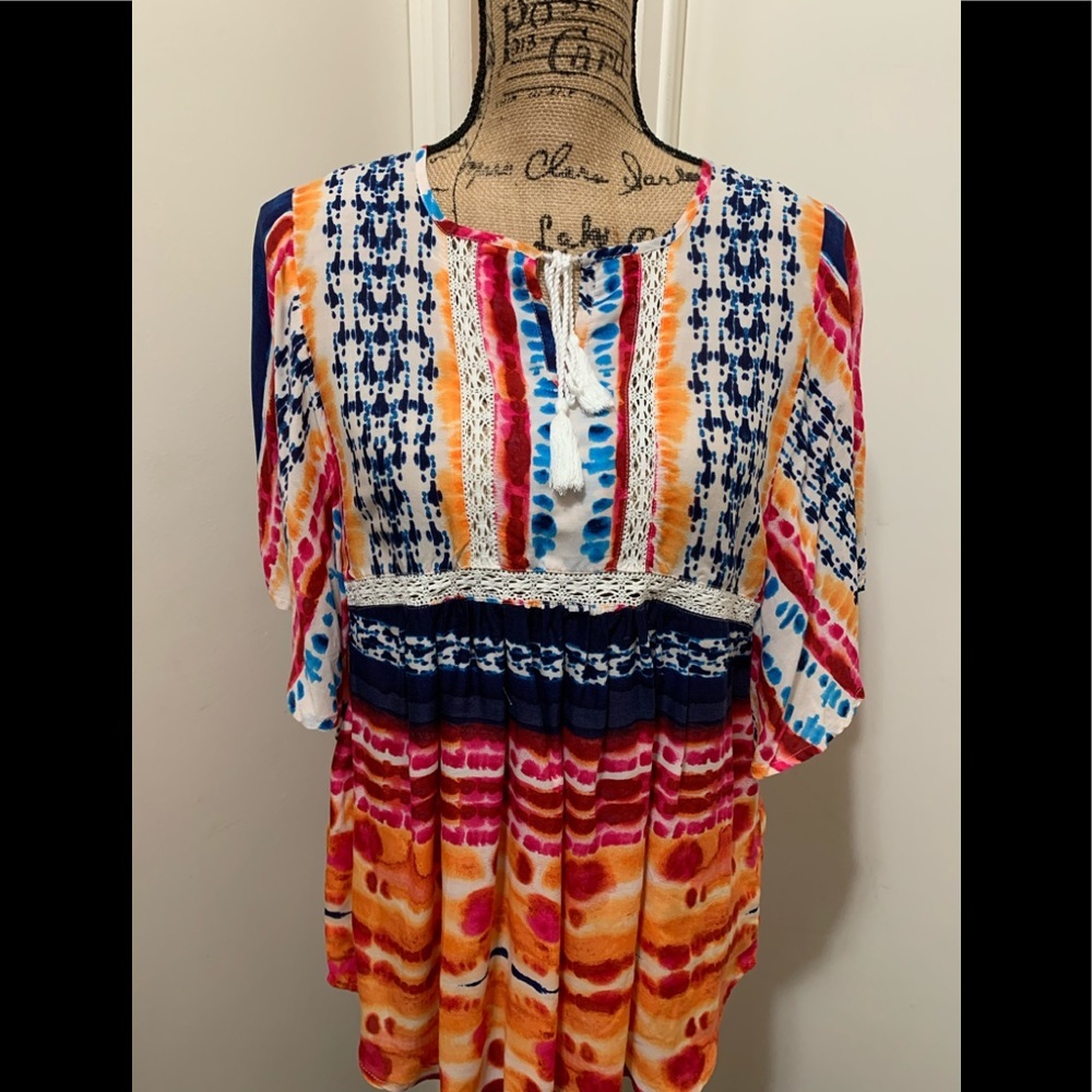 BLL New York Tie Dye Tassel Top Shirt Boho Flowy M